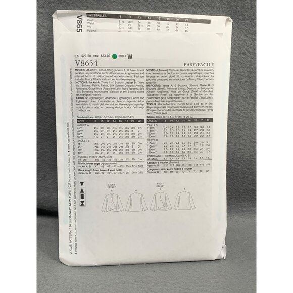 Katherine Tilton Vogue Patterns Designer V8654 Jacket Pattern Size 8-14 uncut - Picture 2 of 2